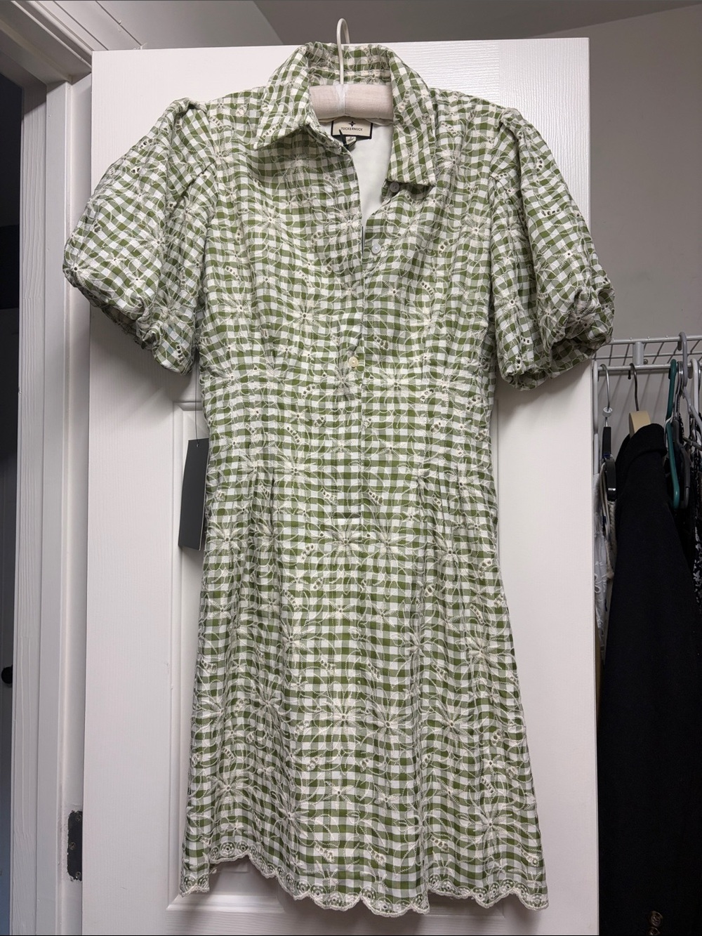 Tuckernuck Green Gingham Short Puff-Sleeve Shirt Dress